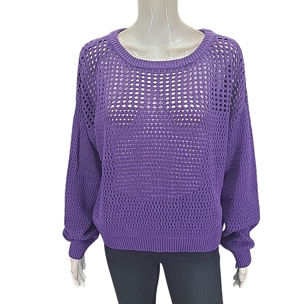 Isabella Purple Open Stitch Cotton Pullover Sweater Women Large L NEW